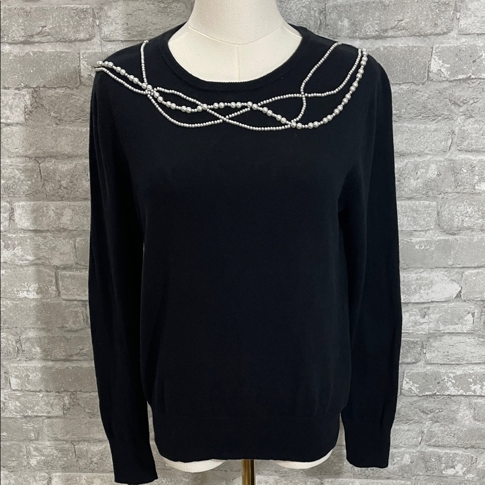 Anthropologie Field Flower Black Sweater with Pearl Accents